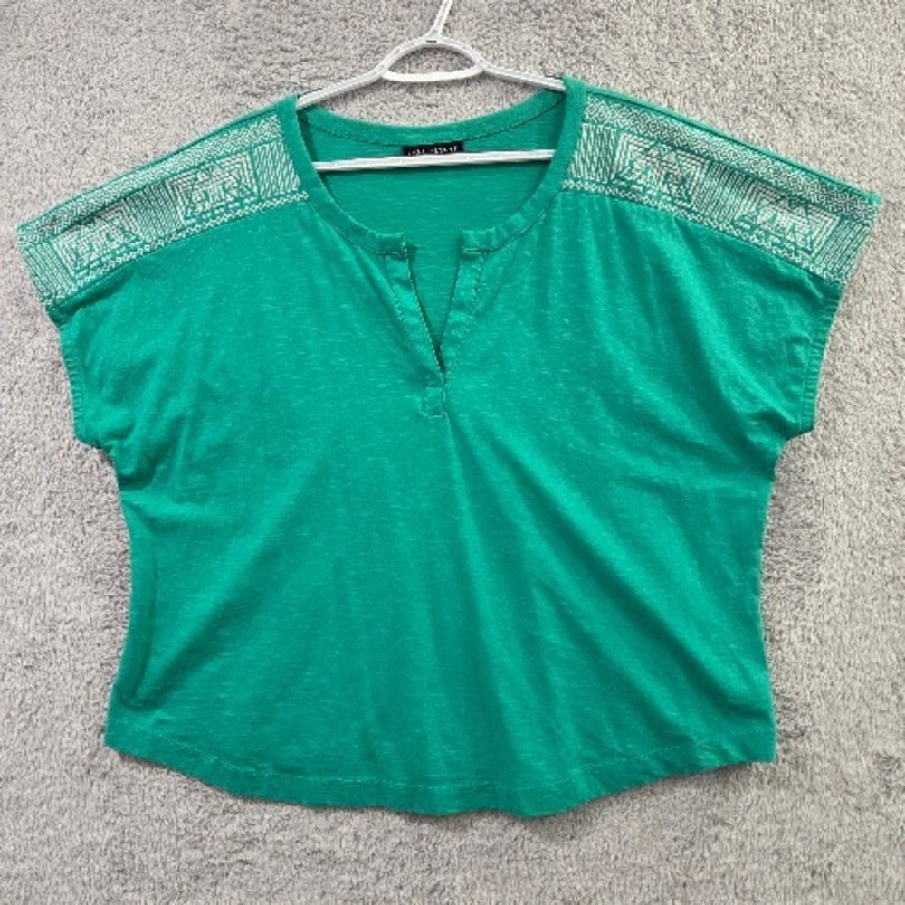 Lane Bryant Top Women 18/20 Green Short Sleeve Embroidered Split Neck Slub Knit